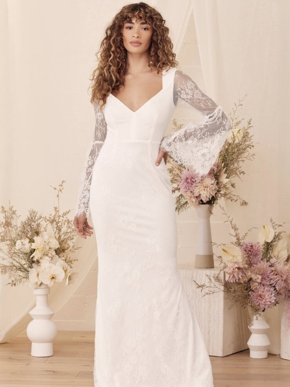 Lulus Fairytale Ending White Lace Long Sleeve Mermaid Maxi Dress​ NWT